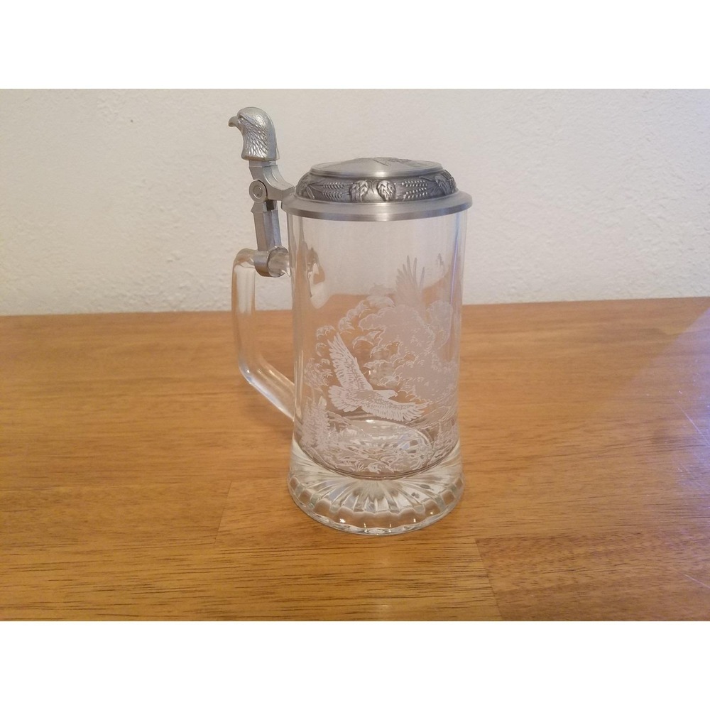 Vintage Etched Eagle Glass Stein With Pewter Hinged Lid 1980s